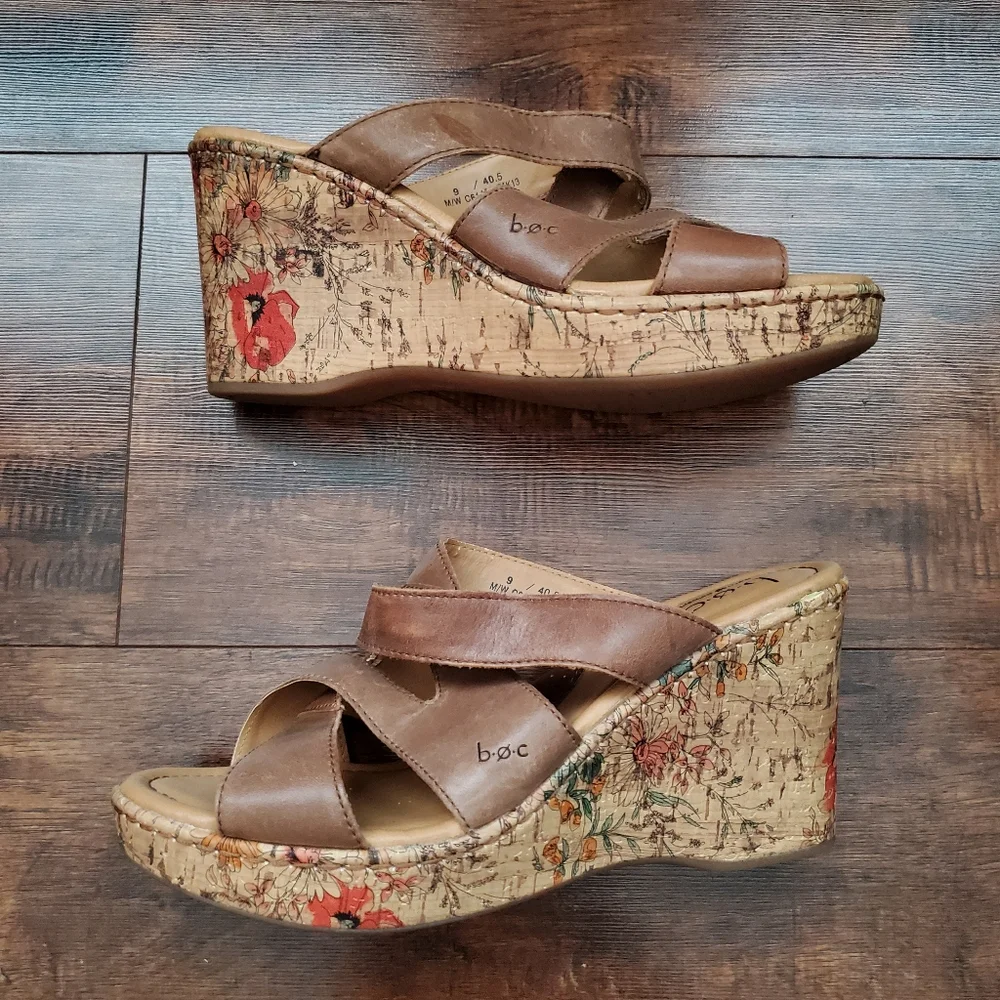 b.o.c. Tan Wedge Leather Sandals, Size 9
